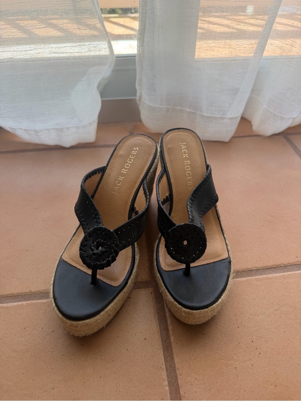 Jack Rogers Black Leather Espadrille Wedge Sandals with Stitched Medallion